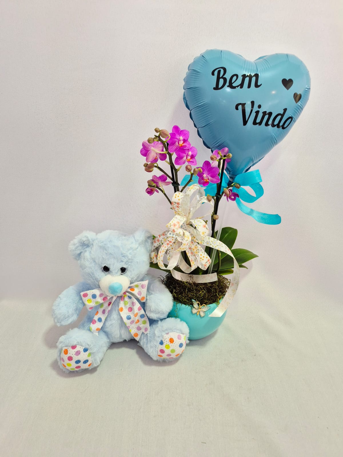 Kit Maternidade Orquídea + Urso + Balão Bem-Vindo (a)